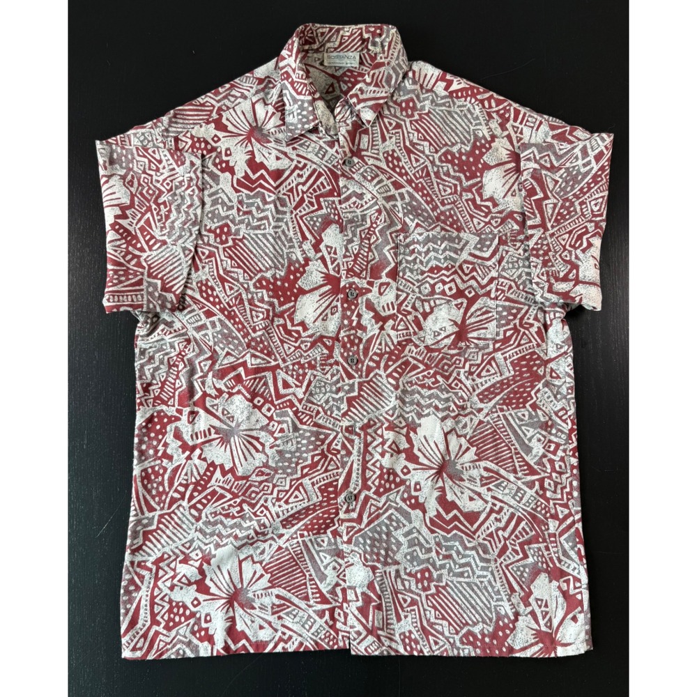 Sostanza Mens Abstract Geometric Floral Print Button Down Shirt Red Grey Medium